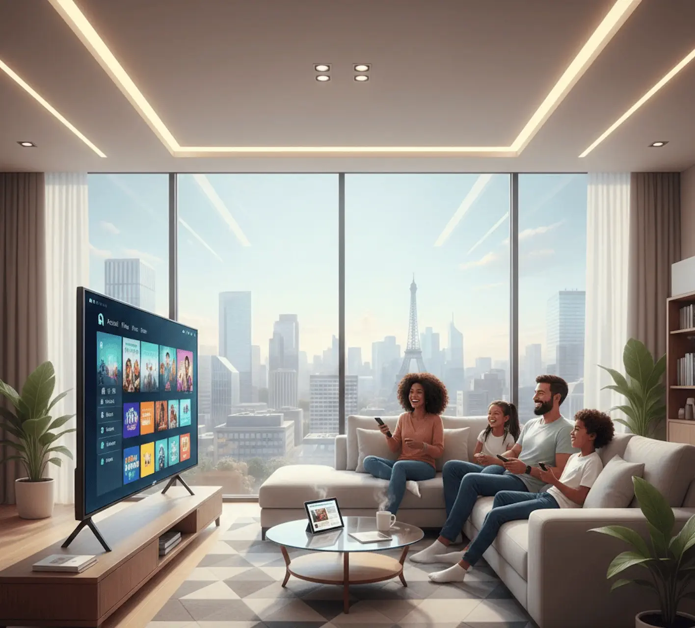 Famille moderne profitant de l'IPTV en France dans un salon élégant en 2026, illustrant l'avenir du divertissement télévisuel.