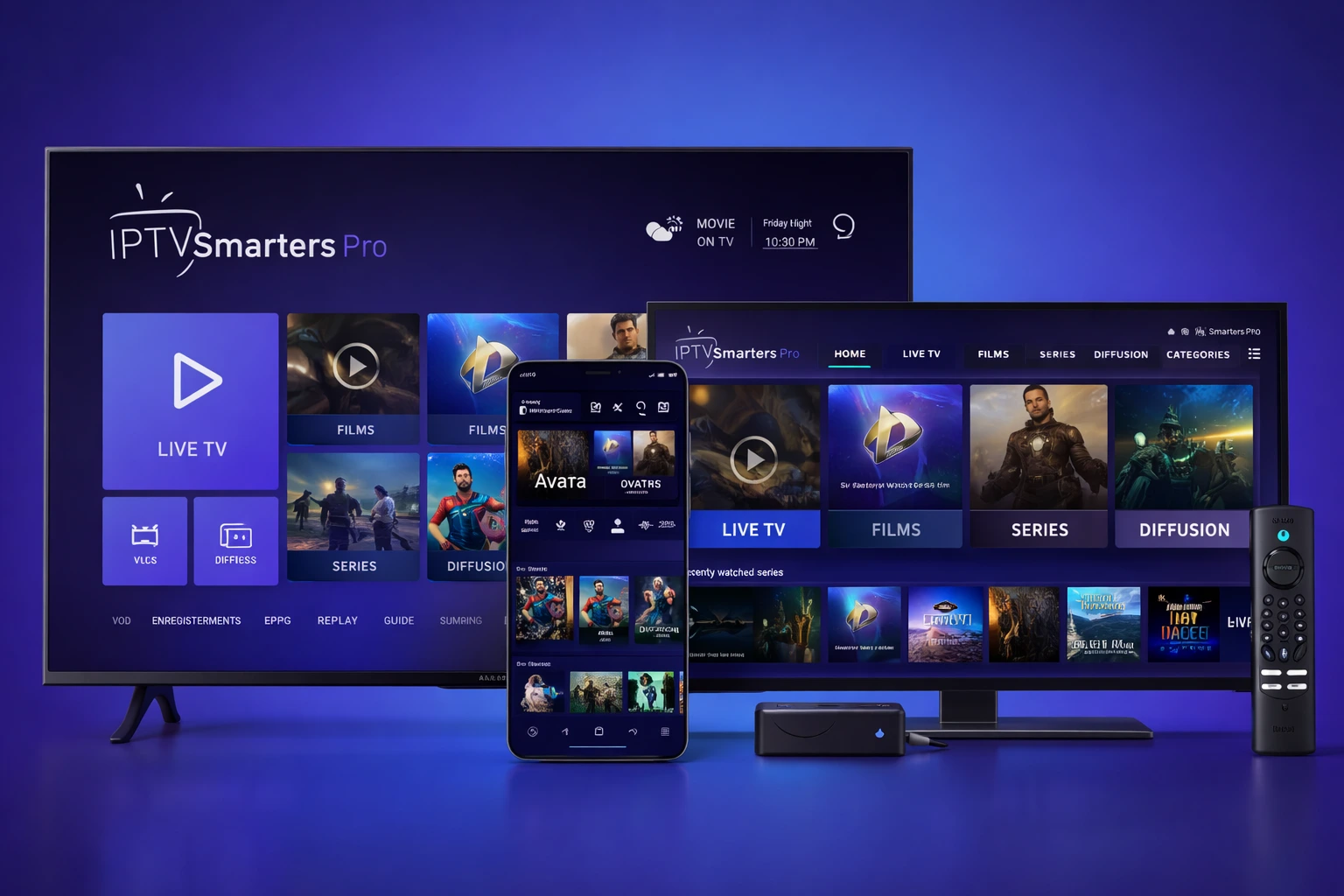 Interface d'accueil moderne et interface de navigation de l'application IPTV Smarters Pro