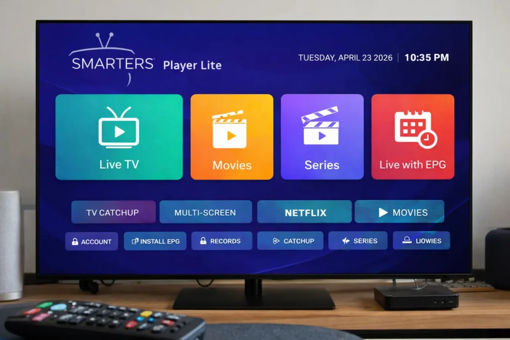 Smarters Player Lite configuration guide 2026 sur Smart TV pour streaming IPTV stable HD et 4K